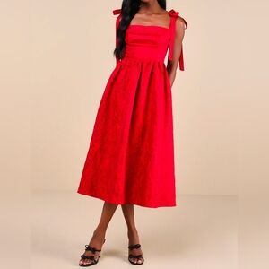 Lulus Successfully Chic Red Jacquard Pleated Tie-Strap Midi Dress, Size Small